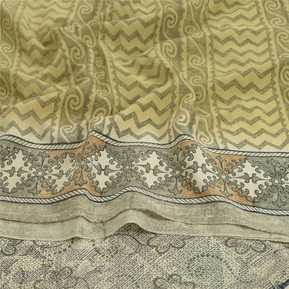 Sanskriti Vintage Saree Green Pure Crepe Silk Floral Printed Sari 5.5+Yd Fabric