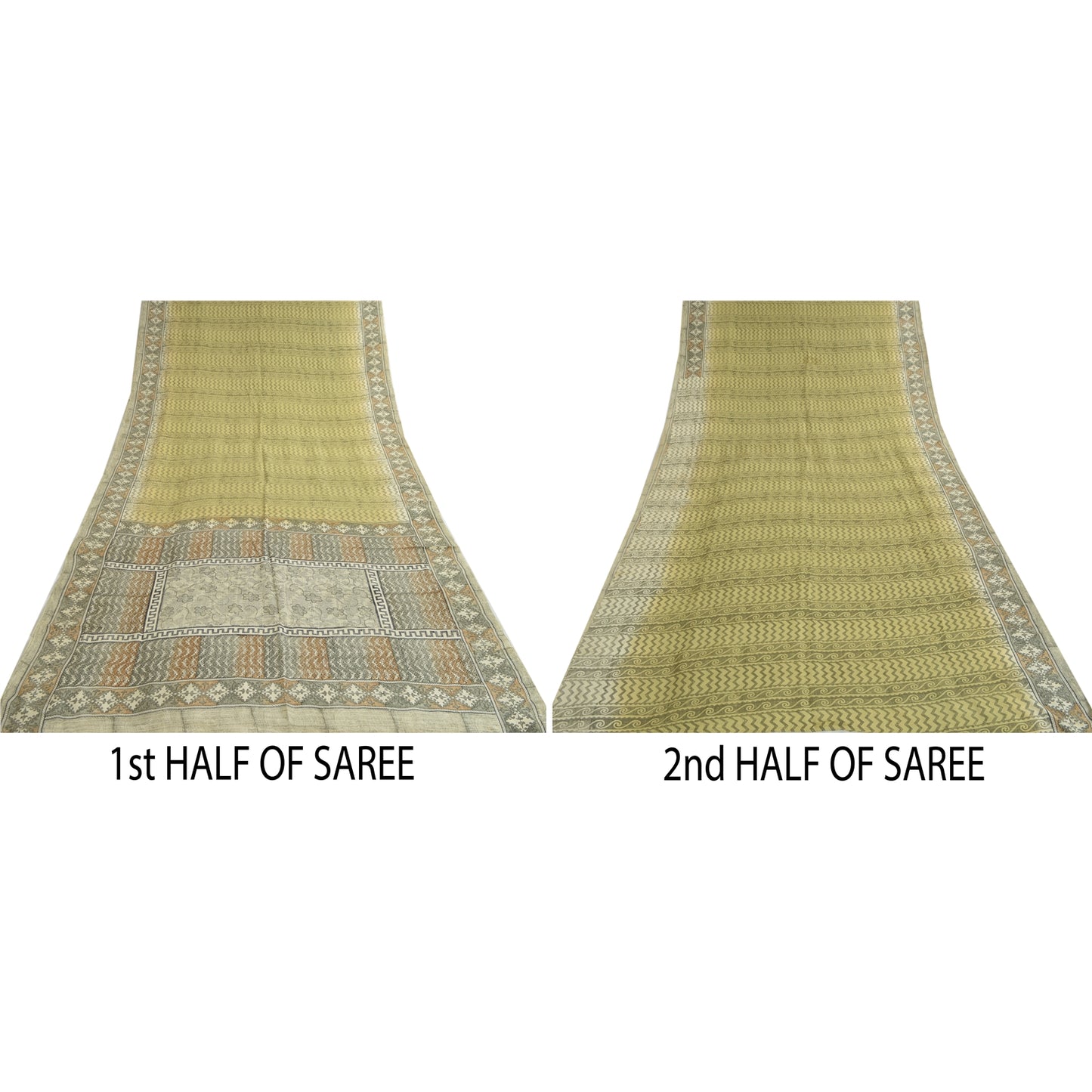 Sanskriti Vintage Saree Green Pure Crepe Silk Floral Printed Sari 5.5+Yd Fabric