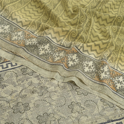 Sanskriti Vintage Saree Green Pure Crepe Silk Floral Printed Sari 5.5+Yd Fabric