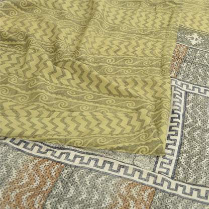 Sanskriti Vintage Saree Green Pure Crepe Silk Floral Printed Sari 5.5+Yd Fabric