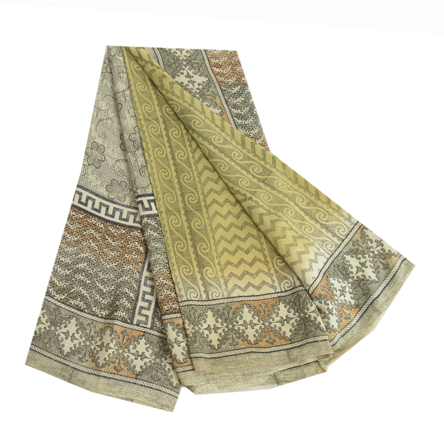 Sanskriti Vintage Saree Green Pure Crepe Silk Floral Printed Sari 5.5+Yd Fabric