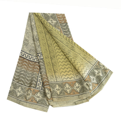 Sanskriti Vintage Saree Green Pure Crepe Silk Floral Printed Sari 5.5+Yd Fabric