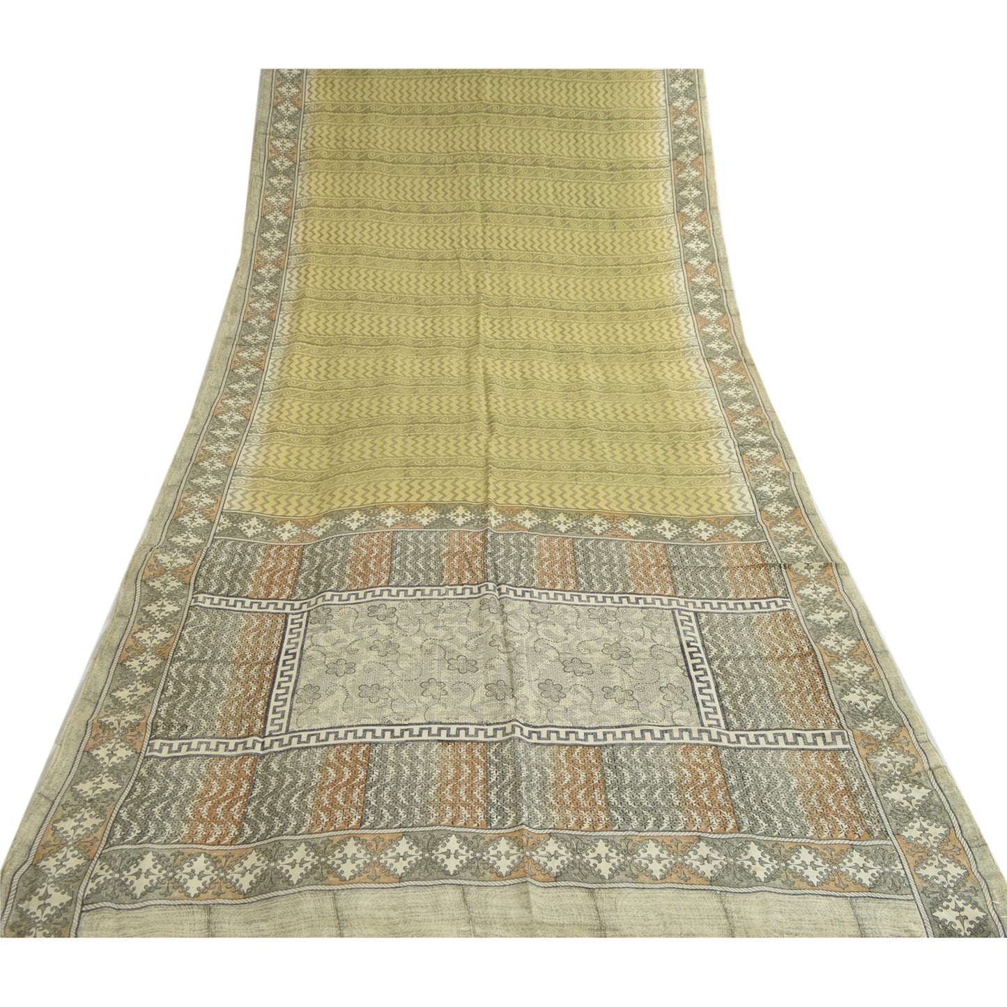 Sanskriti Vintage Saree Green Pure Crepe Silk Floral Printed Sari 5.5+Yd Fabric