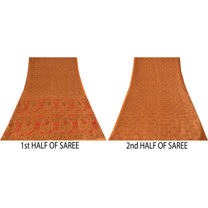 Sanskriti Vintage Indian Sari 100% Pure Silk Sarees Orange Printed Sarees Fabric