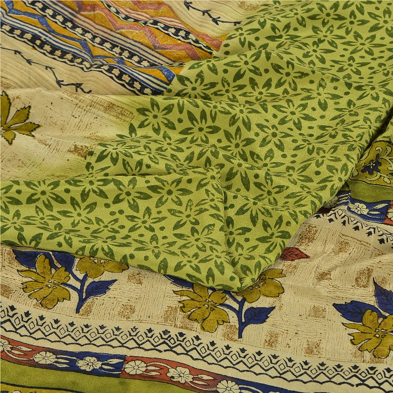 Sanskriti Vintage Green Printed Sarees Pure Crepe Silk Sari Soft Craft Sustainable Fabric