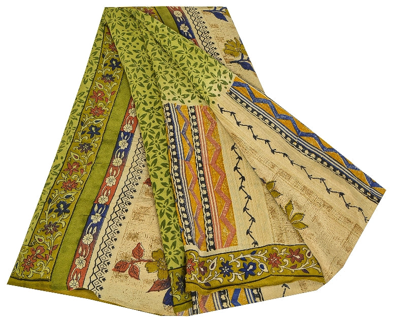 Sanskriti Vintage Green Printed Sarees Pure Crepe Silk Sari Soft Craft Sustainable Fabric