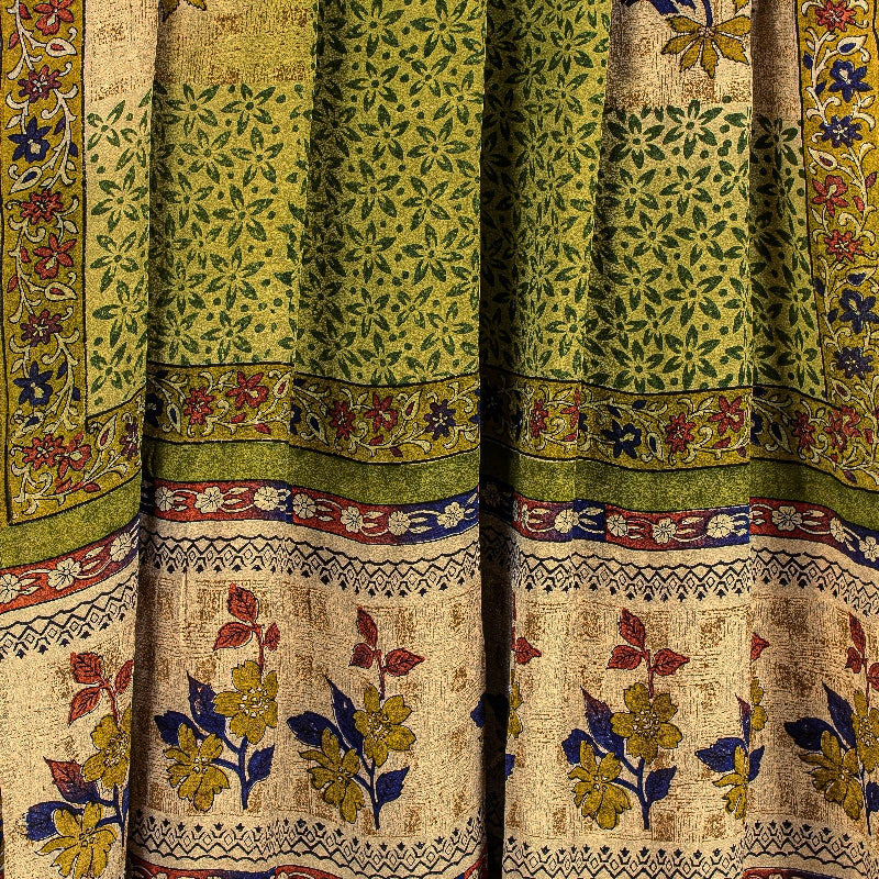 Sanskriti Vintage Green Printed Sarees Pure Crepe Silk Sari Soft Craft Sustainable Fabric