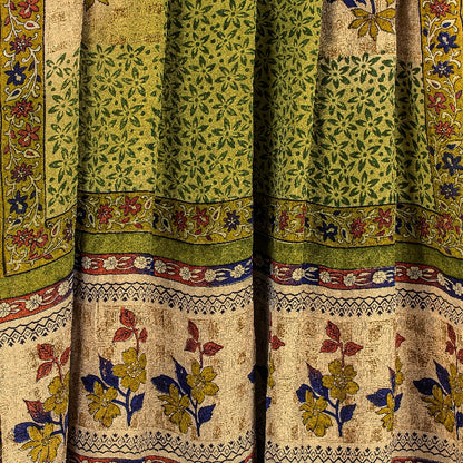 Sanskriti Vintage Green Printed Sarees Pure Crepe Silk Sari Soft Craft Sustainable Fabric