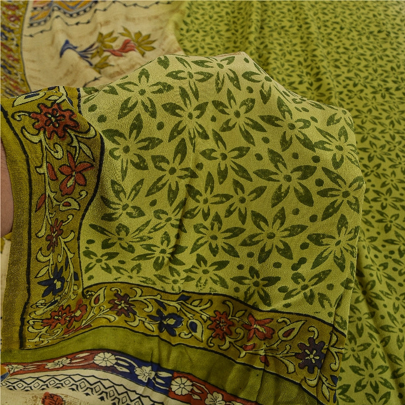 Sanskriti Vintage Green Printed Sarees Pure Crepe Silk Sari Soft Craft Sustainable Fabric