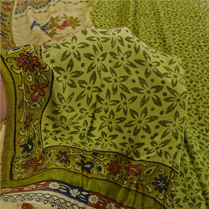Sanskriti Vintage Green Printed Sarees Pure Crepe Silk Sari Soft Craft Sustainable Fabric