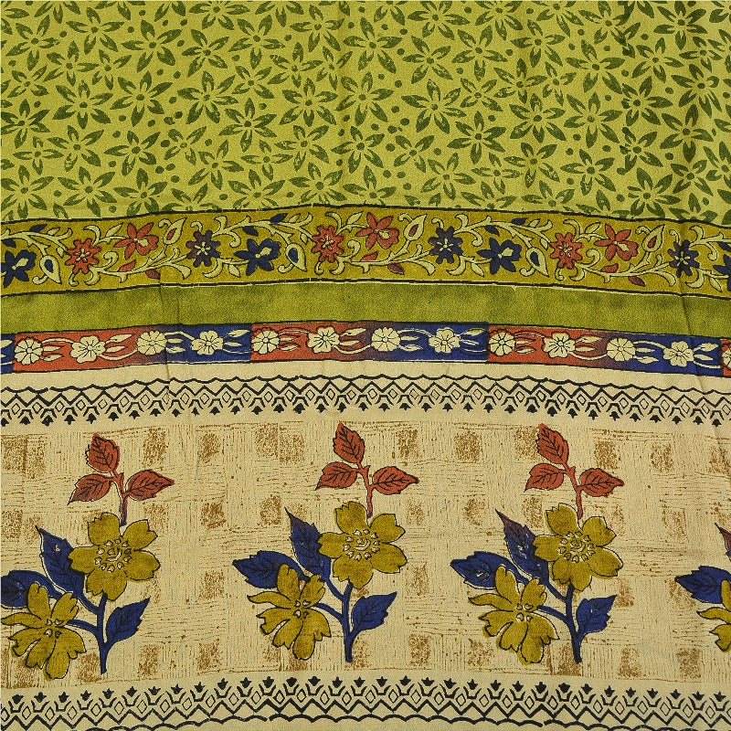 Sanskriti Vintage Green Printed Sarees Pure Crepe Silk Sari Soft Craft Sustainable Fabric