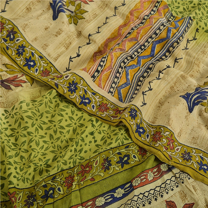 Sanskriti Vintage Green Printed Sarees Pure Crepe Silk Sari Soft Craft Sustainable Fabric