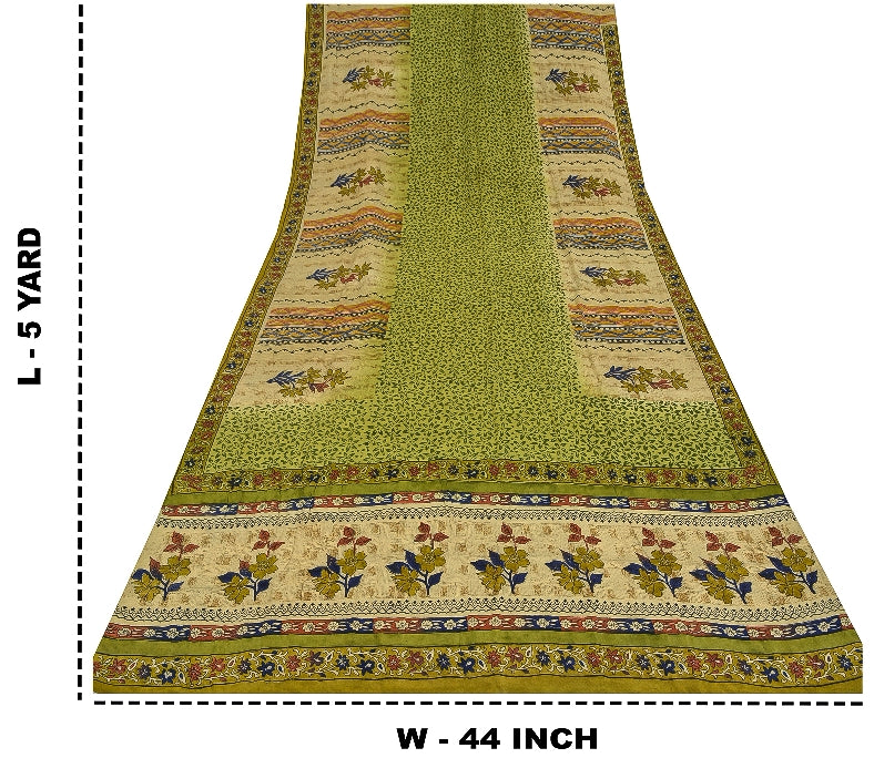 Sanskriti Vintage Green Printed Sarees Pure Crepe Silk Sari Soft Craft Sustainable Fabric