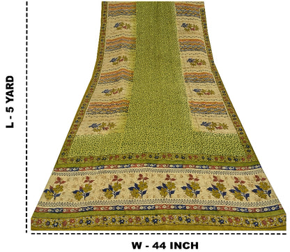 Sanskriti Vintage Green Printed Sarees Pure Crepe Silk Sari Soft Craft Sustainable Fabric