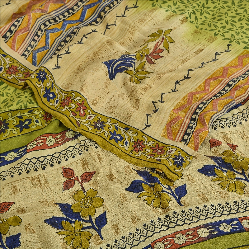 Sanskriti Vintage Green Printed Sarees Pure Crepe Silk Sari Soft Craft Sustainable Fabric