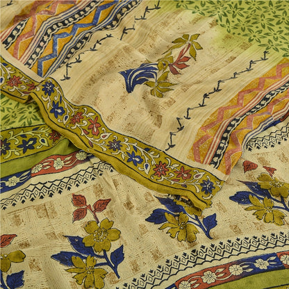 Sanskriti Vintage Green Printed Sarees Pure Crepe Silk Sari Soft Craft Sustainable Fabric