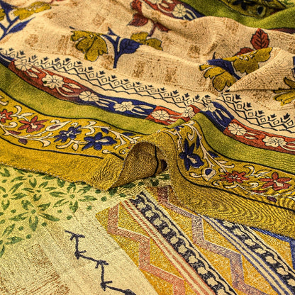 Sanskriti Vintage Green Printed Sarees Pure Crepe Silk Sari Soft Craft Sustainable Fabric