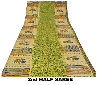Sanskriti Vintage Green Printed Sarees Pure Crepe Silk Sari Soft Craft Sustainable Fabric