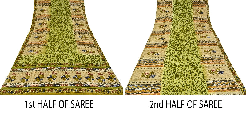 Sanskriti Vintage Green Printed Sarees Pure Crepe Silk Sari Soft Craft Sustainable Fabric