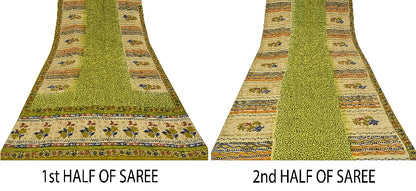 Sanskriti Vintage Green Printed Sarees Pure Crepe Silk Sari Soft Craft Sustainable Fabric