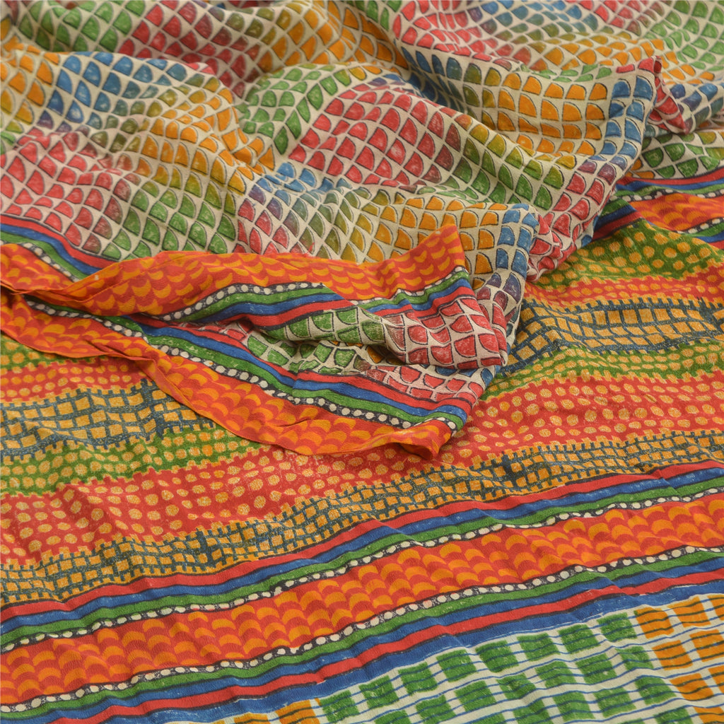 Sanskriti Vintage Multi Printed Sarees Pure Crepe Silk Sari Soft Craft Fabric