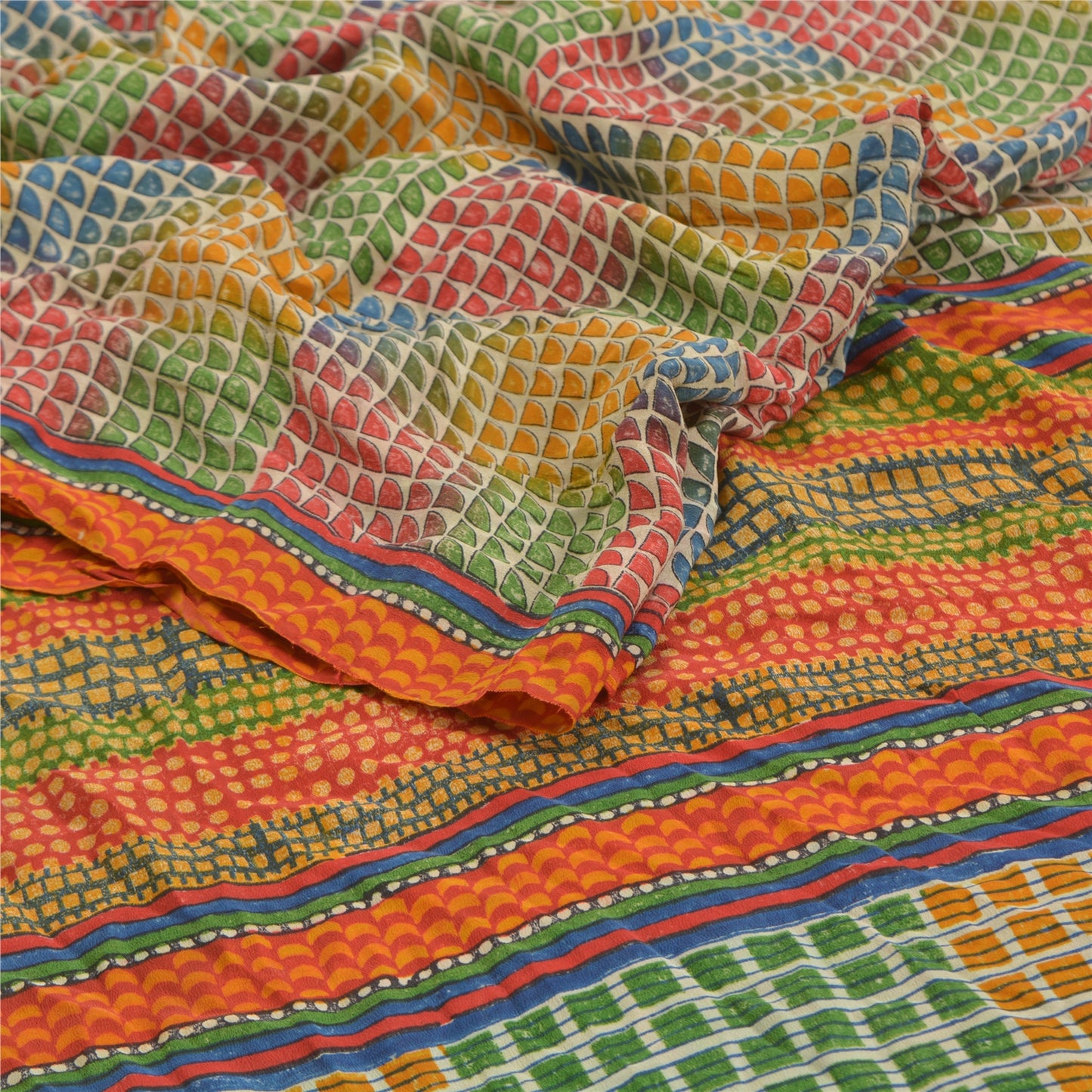 Sanskriti Vintage Multi Printed Sarees Pure Crepe Silk Sari Soft Craft Fabric