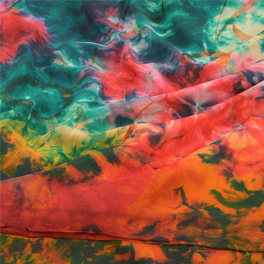 Sanskriti Vintage Multi Tie-Dye Sarees Pure Crepe Silk Printed Sari Craft Fabric