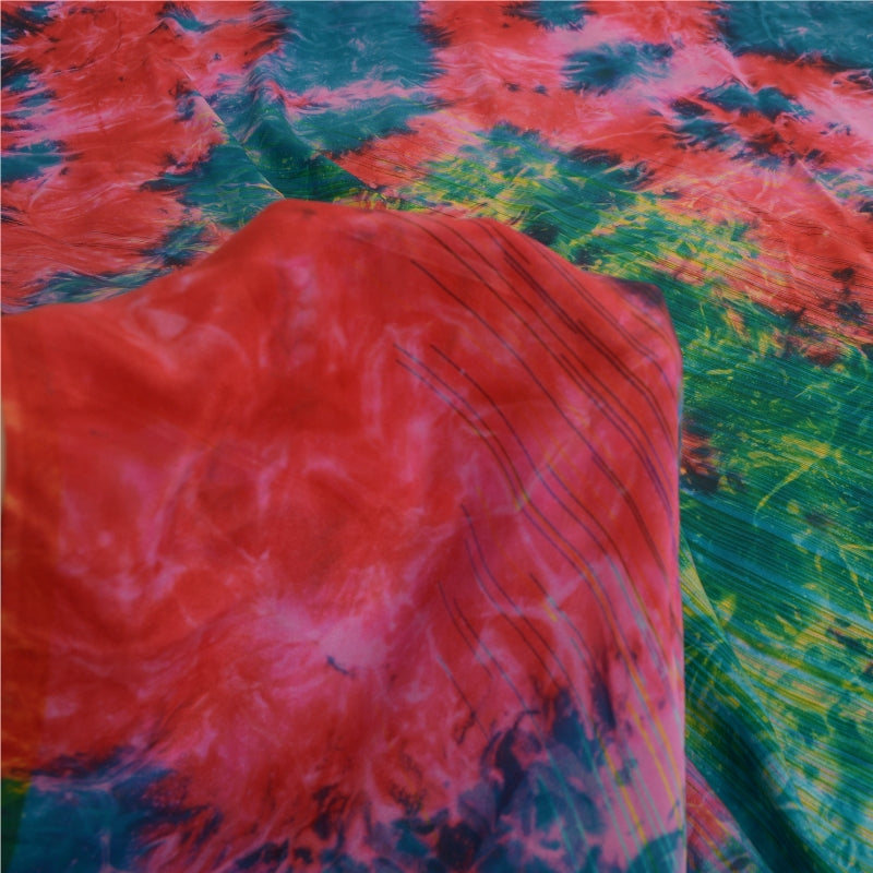 Sanskriti Vintage Red Tie-Dye Sarees Pure Crepe Silk Printed Sari Craft Sustainable Fabric