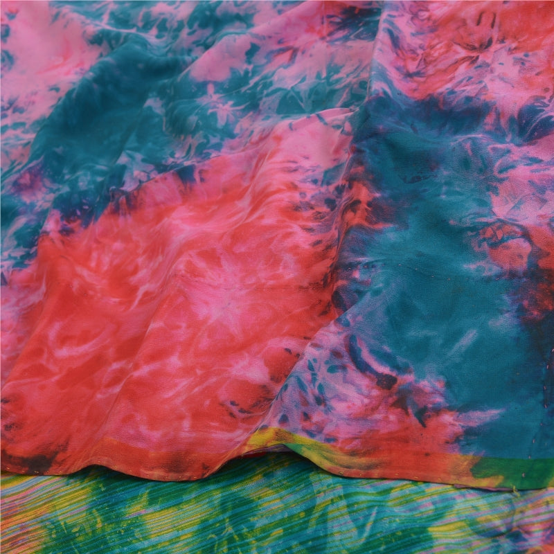 Sanskriti Vintage Red Tie-Dye Sarees Pure Crepe Silk Printed Sari Craft Sustainable Fabric