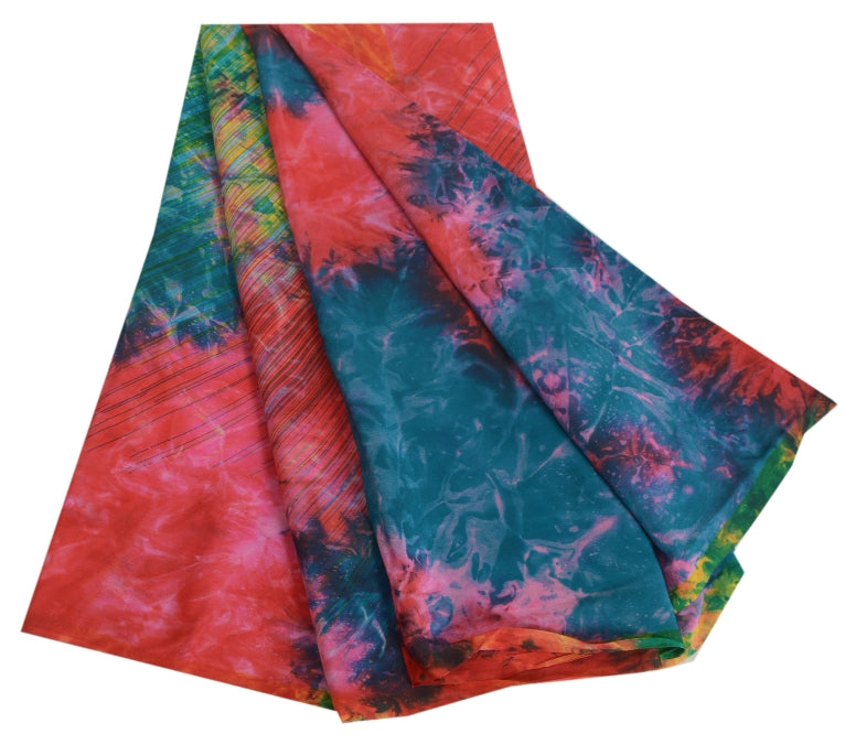 Sanskriti Vintage Red Tie-Dye Sarees Pure Crepe Silk Printed Sari Craft Sustainable Fabric