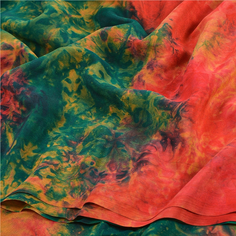 Sanskriti Vintage Red & Green Tie-Dye  Sarees Pure Crepe Printed Sari 5+YD Craft