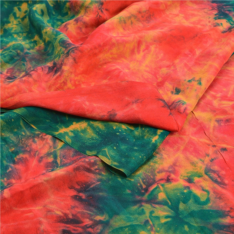 Sanskriti Vintage Red & Green Tie-Dye  Sarees Pure Crepe Printed Sari 5+YD Craft
