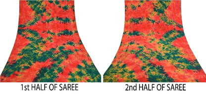 Sanskriti Vintage Red & Green Tie-Dye  Sarees Pure Crepe Printed Sari 5+YD Craft