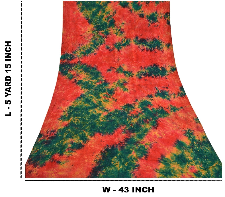 Sanskriti Vintage Red & Green Tie-Dye  Sarees Pure Crepe Printed Sari 5+YD Craft
