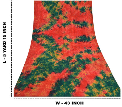 Sanskriti Vintage Red & Green Tie-Dye  Sarees Pure Crepe Printed Sari 5+YD Craft