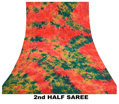 Sanskriti Vintage Red & Green Tie-Dye  Sarees Pure Crepe Printed Sari 5+YD Craft
