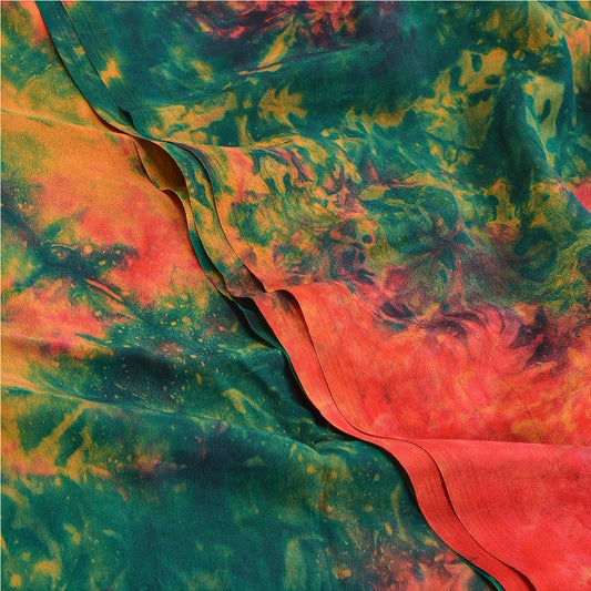 Sanskriti Vintage Red & Green Tie-Dye  Sarees Pure Crepe Printed Sari 5+YD Craft