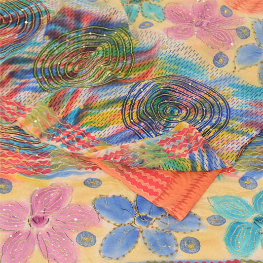 Sanskriti Vintage Sari 100% Pure Crepe Silk Multicolor Abstract Printed Sarees 5 Yd Craft Fabric Recycled For Quilting Felting, Decor