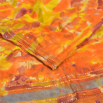 Sanskriti Vintage Sarees Tie-Dye Hand Beaded Pure Crepe Silk Sari Craft Fabric