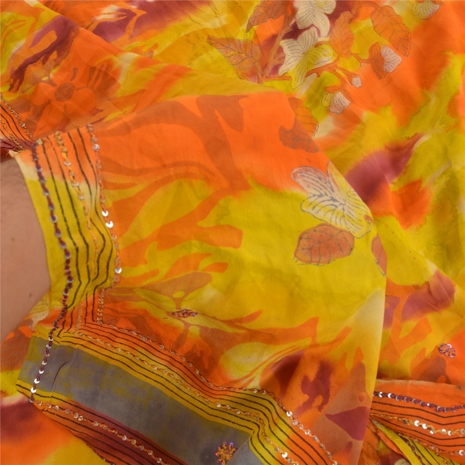 Sanskriti Vintage Saree 100% Pure Crepe Silk Tie-Dye Hand Embroidered Sequins Multicolor Sari 4.5 Yard Craft Fabric For Upcycled Sarongs