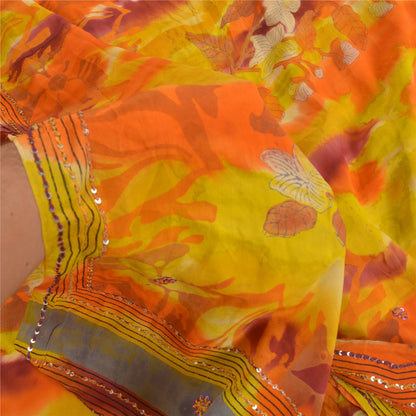 Sanskriti Vintage Sarees Tie-Dye Hand Beaded Pure Crepe Silk Sari Craft Fabric