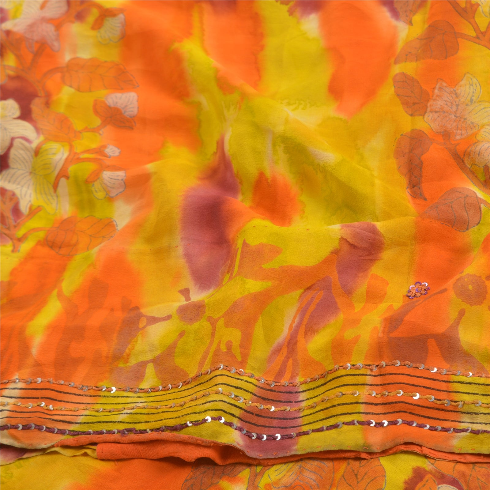 Sanskriti Vintage Saree 100% Pure Crepe Silk Tie-Dye Hand Embroidered Sequins Multicolor Sari 4.5 Yard Craft Fabric For Upcycled Sarongs
