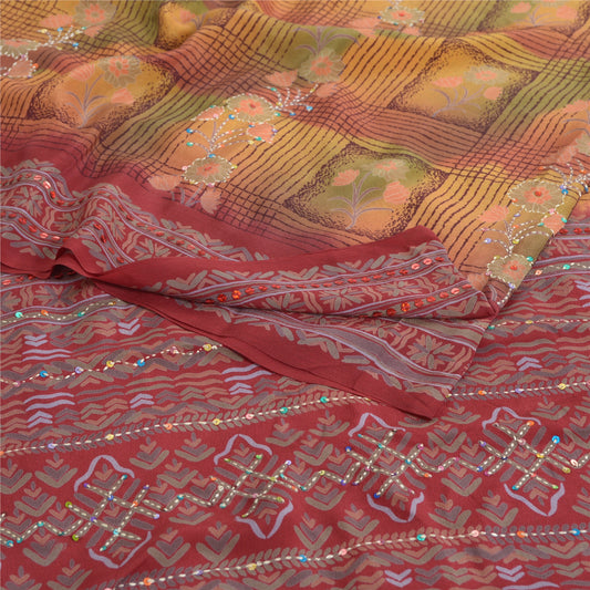 Sanskriti Vintage Sarees Hand Beaded Pure Crepe Silk Printed Sari Craft Fabric
