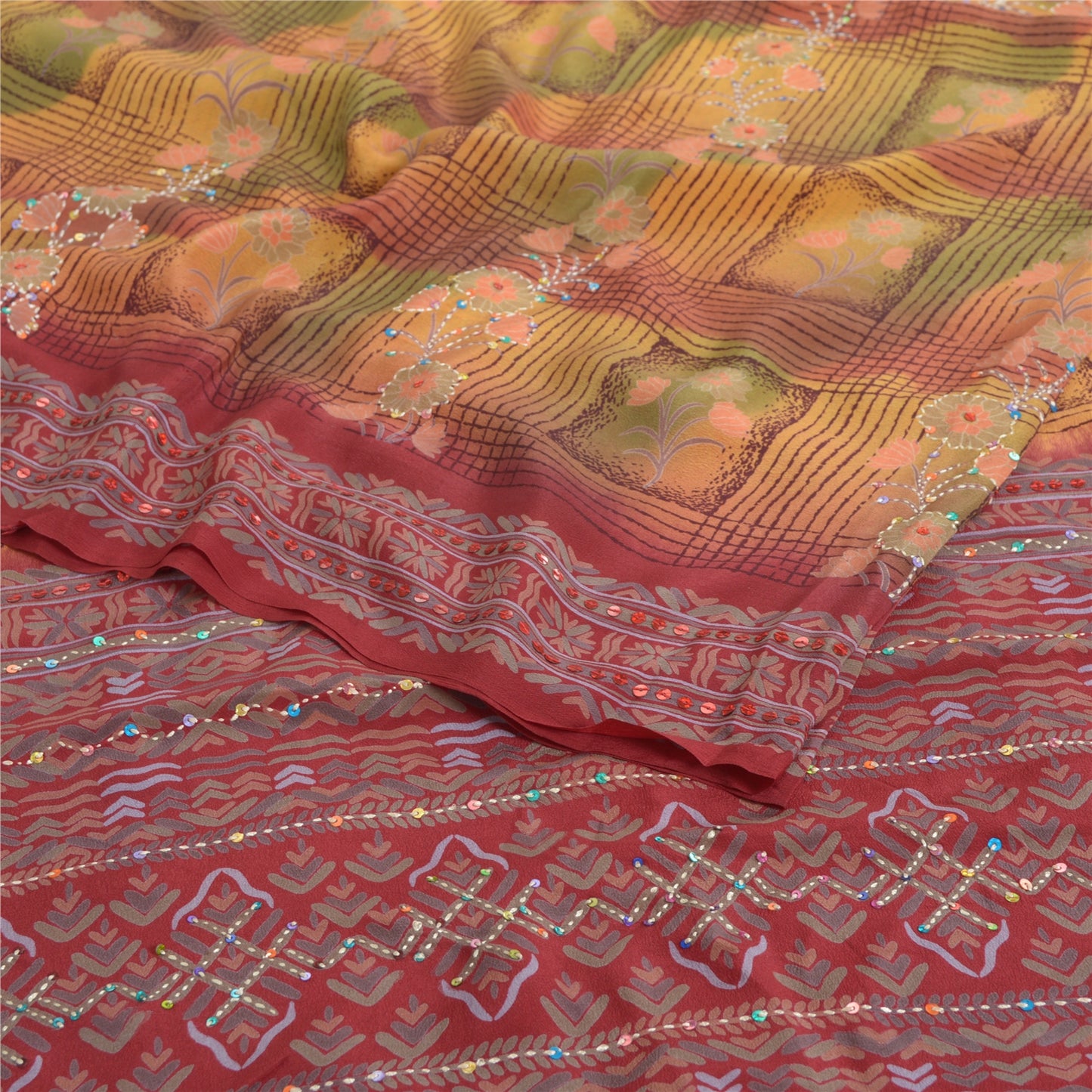 Sanskriti Vintage Sarees Hand Beaded Pure Crepe Silk Printed Sari Craft Fabric