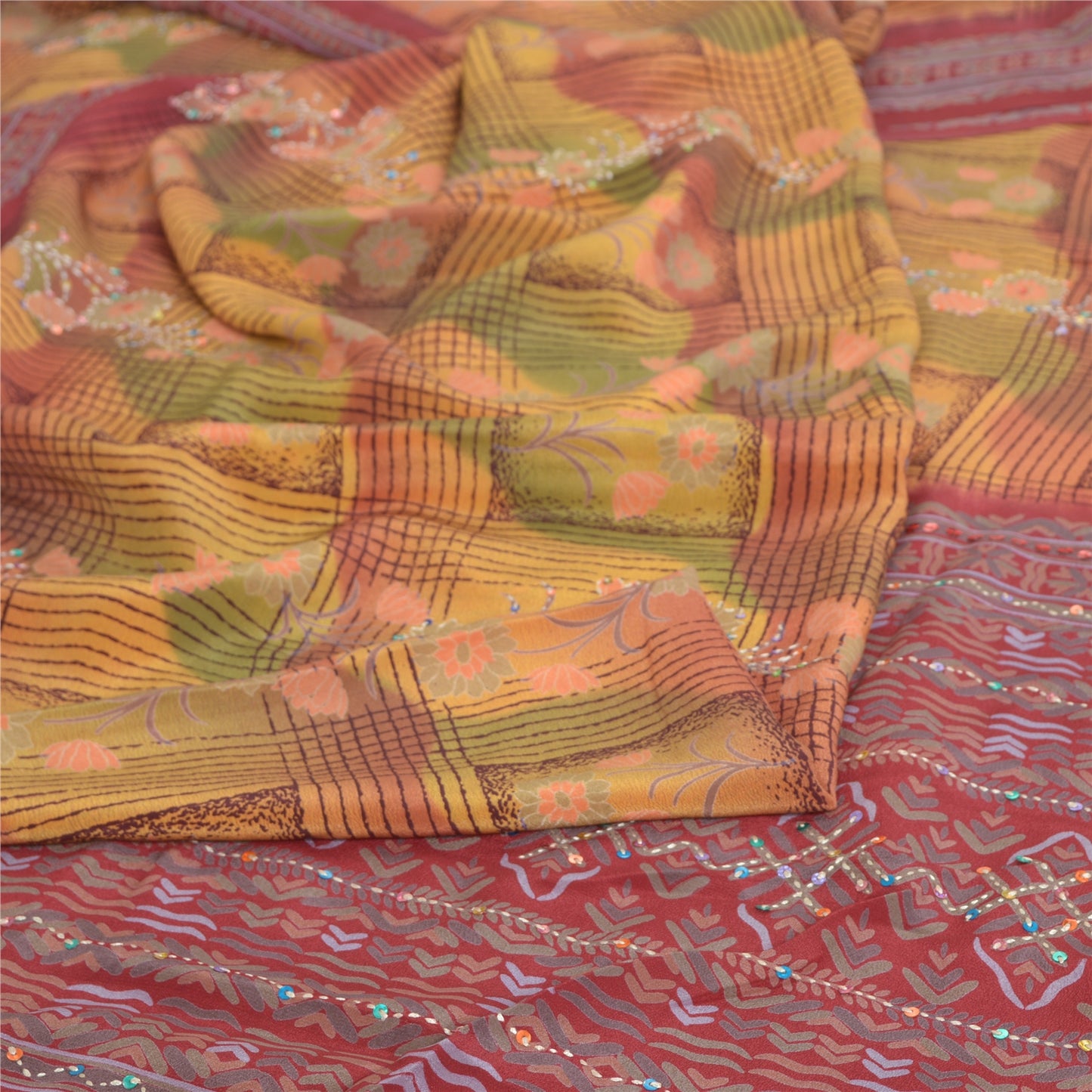 Sanskriti Vintage Sarees Hand Beaded Pure Crepe Silk Printed Sari Craft Fabric