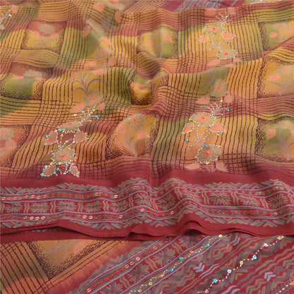 Sanskriti Vintage Sarees Hand Beaded Pure Crepe Silk Printed Sari Craft Fabric