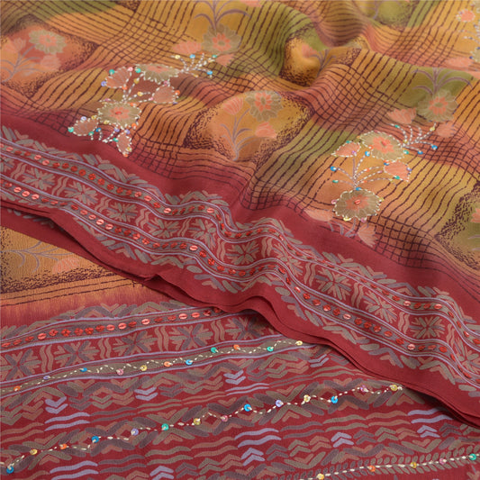 Sanskriti Vintage Sarees Hand Beaded Pure Crepe Silk Printed Sari Craft Fabric