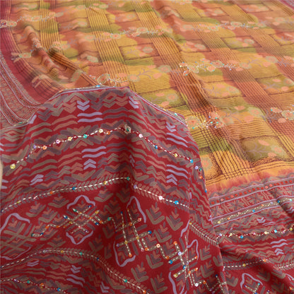 Sanskriti Vintage Sarees Hand Beaded Pure Crepe Silk Printed Sari Craft Fabric
