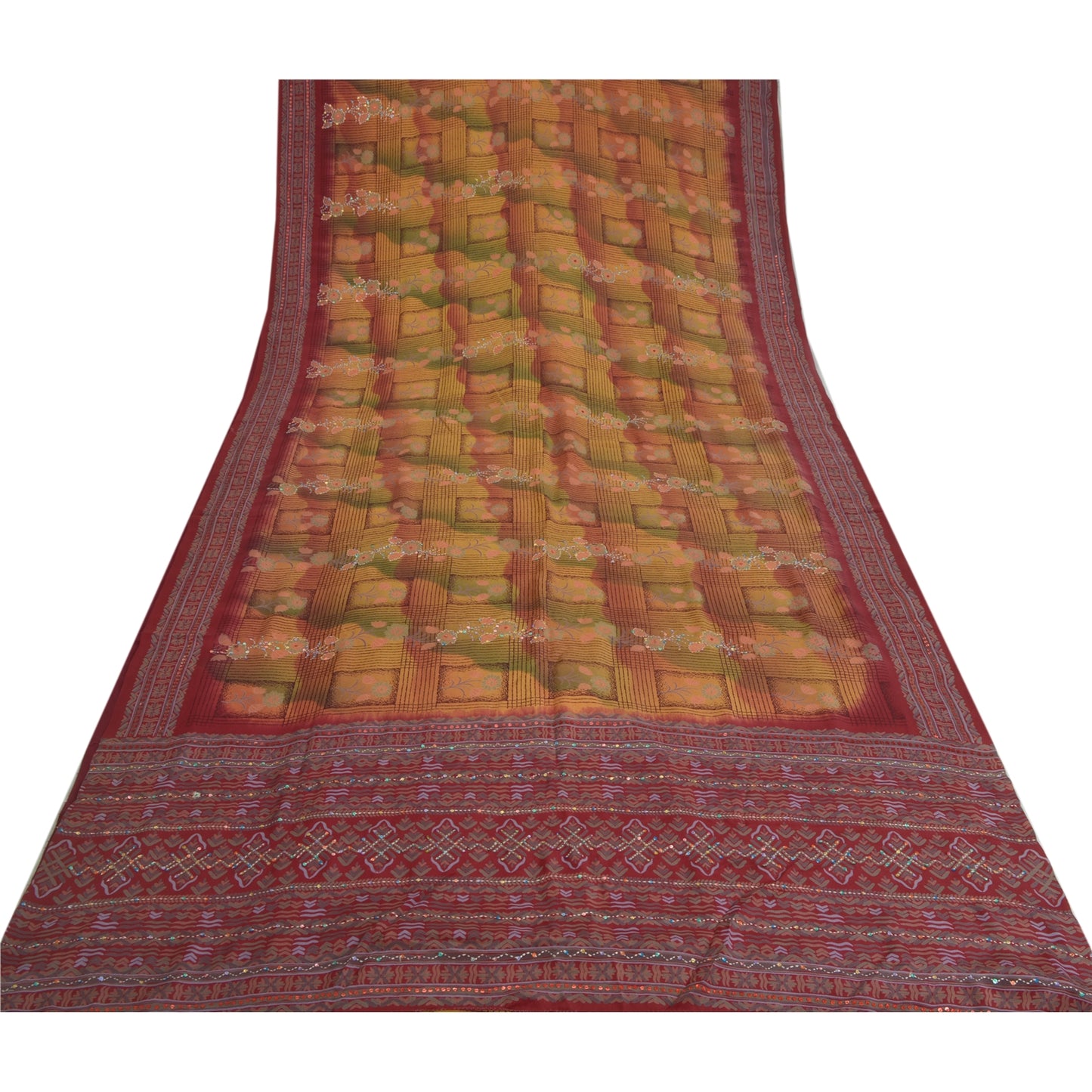 Sanskriti Vintage Sarees Hand Beaded Pure Crepe Silk Printed Sari Craft Fabric