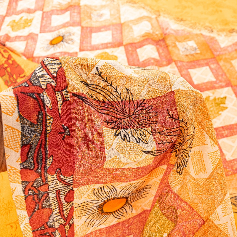 Sanskriti Vintage Sarees Yellow Pure Crepe Silk Printed Sari Floral Craft Sustainable Fabric